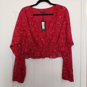 Red Floral Long Sleeve PeplumTop NWT Sz  10